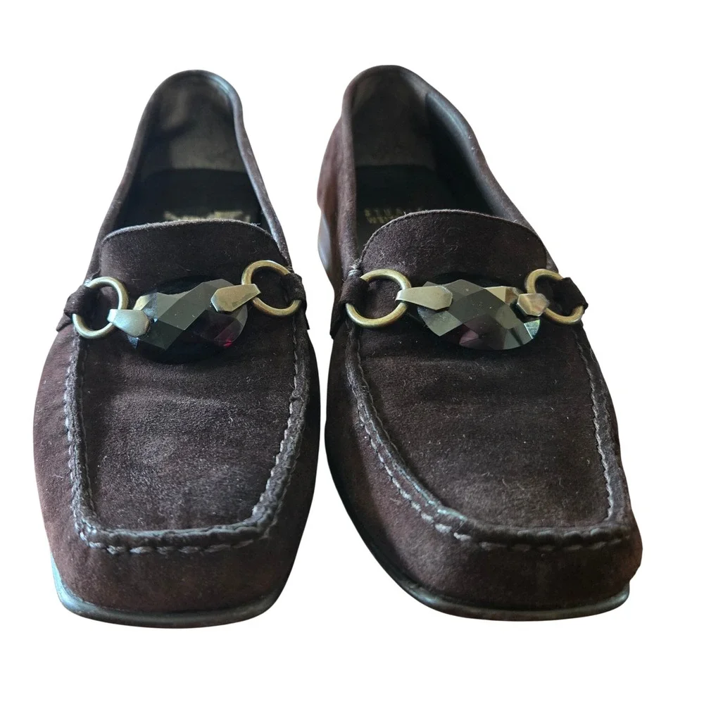 Stuart Weitzman Chic Hardrock Brown Suede Gemstone Loafers Size 7M Square Toe